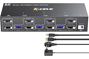 YOUTINGHDAV KVM Switch USB 3.0 3 PC 2 Monitor DisplayPort 4K@144Hz, KVM Switch Dual Monitor DP 1.4 per 3 PC e tastiera/mouse, con cavo remoto