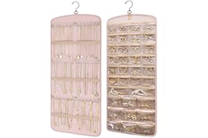 FVLAVEA 14.25in*33in Dual-Sided Jewelry Organizer Hanging with Metal Hooks,32 Pockets and 3 Wave-Shaped Hooks,Jewelry Roll for Earrings,Necklaces,Rings on Closet,Wall,Door, Pink