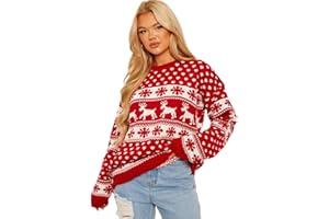 janisramone® Womens Christmas Jumpers - Xmas Knitted Reindeer Snowflake Print Jumper for Women UK, Novelty Pullover Sweater, Ugly Funny Christmas Jumpers - Crew Neck Tunic Christmas Tops