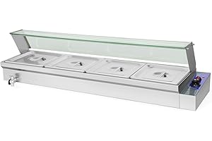 VERTES Scaldavivande Bagnomaria Elettrico Professionale(1500W, 4x Contenitori 1/2GN, 6L con Coperchio, Protezione Vetro, Rubinetto Scarico, Acciaio Inox, Temperatura 50-200°C Gradualmente Regolabile)