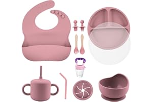 SHGMEET Silikon Baby Geschirrset, Baby-Fütterungsutensilien, Baby-Saugnapf, Teller, Lätzchen, Löffel-Set, Baby-geführtes Entwöhnungszubehör, Spülmaschinenfest (Rosa)