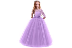 IWEMEK Enfants Fille Robe de Carnaval Princesse Longue en Dentelle avec Bowknot Demoiselle d'honneur Robe de Soirée Mariage Robe de Première Communion Anniversaire Fête Photographie 2-14 Ans
