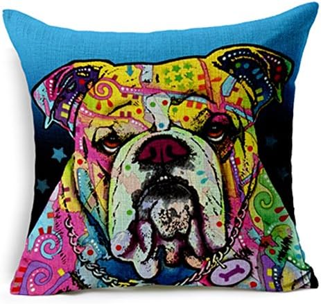 SilkCrane, Colorful Bulldog Printed Cotton Linen Decorative Throw Pillow Cover, 17.7" x 17.7"
