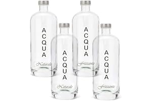 BrandPrint, Set di 4 Bottiglie in Vetro per Acqua Modello Artemide 1 Litro con Tappo a Vite in Alluminio. Per Bevande e Succhi (2 Naturali e 2 Frizzanti)