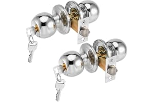 JEUIHAU 2 Pack 65mm Privacy Door Knobs, Interior Door Knob, Stainless Steel Privacy Knob Set Round Door Lock Set Flat Ball Door Handle Locking Set with Lock and Key, Fit for 25-45mm Thick Doors