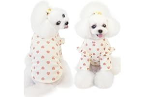 Yaopelky Vêtements pour chiens de petite taille avec imprimé cœur - T-shirt pour chien - Printemps et été - Vêtements pour chihuahua - Manches longues et volants - Vêtements de Saint-Valentin - Beige