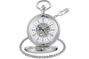 Tiong Montre de poche mécanique en bois de cuivre élégant avec cadran ouvert pour homme avec boîte à chaîne