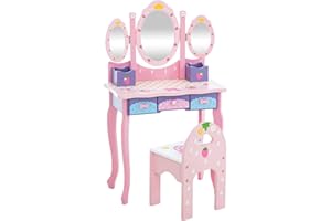 CLP Tavolo Trucco Bambina con Specchio Emilia in Legno I Centro di Bellezza Gioco Bambini con Sgabello I Toletta Bambina Trucco, Colore:Rosa