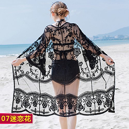 ShouYu Tailandia Playa Cover up Traje de baño Jacket Lace Vestido de Long Beach, Sun Yi niñas Abrir Shirt SPA Services lanzar una Talla,-07 Besessen con Flores (Negro)