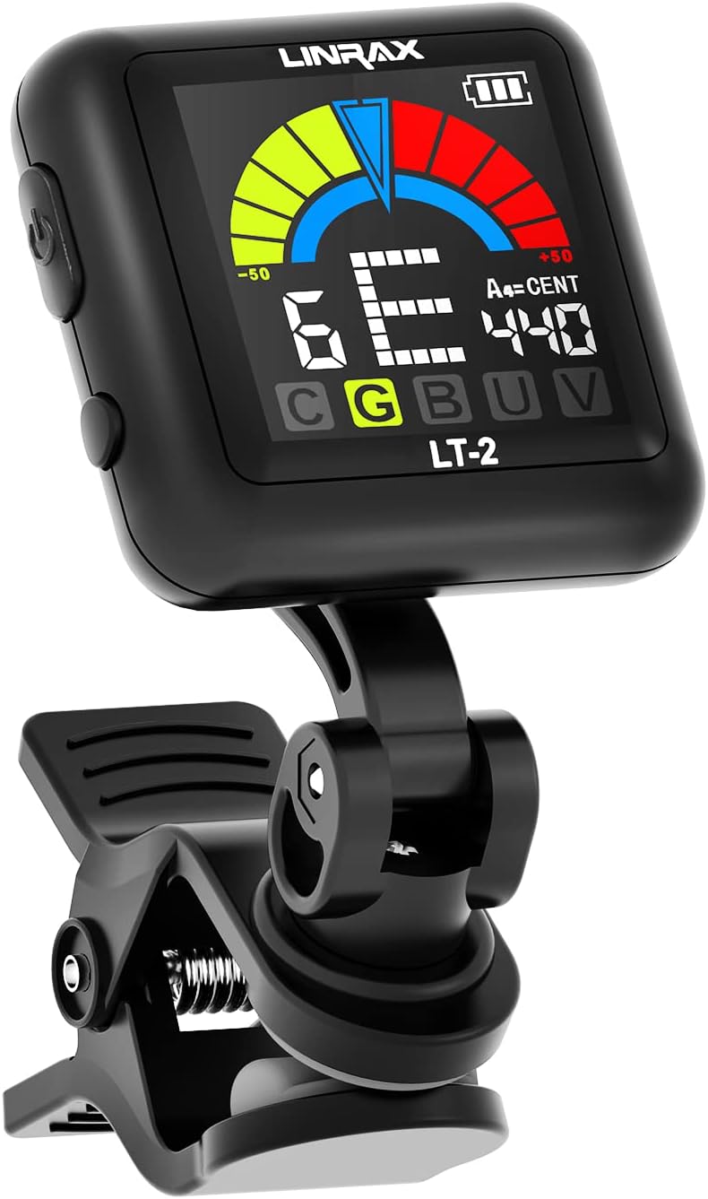Linrax LT-2 Accordeur de Guitare Rechargeable, Accordeur Chromatique à Pince pour Guitare Basse Ukulélé Violon Banjo Mandoline, Accordeur Électrique à Clip Tuner avec Ecran Couleur LCD 360°, Noir