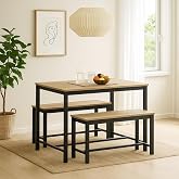 URBNLIVING 3-Piece Dining Table Set – Wooden Table with Sturdy Metal Frame & 2 Benches – Space-Saving Furniture for Kitchen,