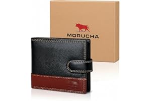 MORUCHA RFID Blocking Genuine Leather Wallet for Men – Slim Bifold Bull Leather Wallet with Coin Pocket, ID Window, 8 Card Slots – Premium Black/Brown Luxury Gift Box (Model #M75)