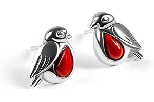 HENRYKA Robin Stud Earrings 925 Sterling Silver & Red Coral | Highly Detailed Classic British Bird Design | Great Year-Round Gift for Bird Lovers | 10 mm x 7 mm | Hypoallergenic | Presentation Box