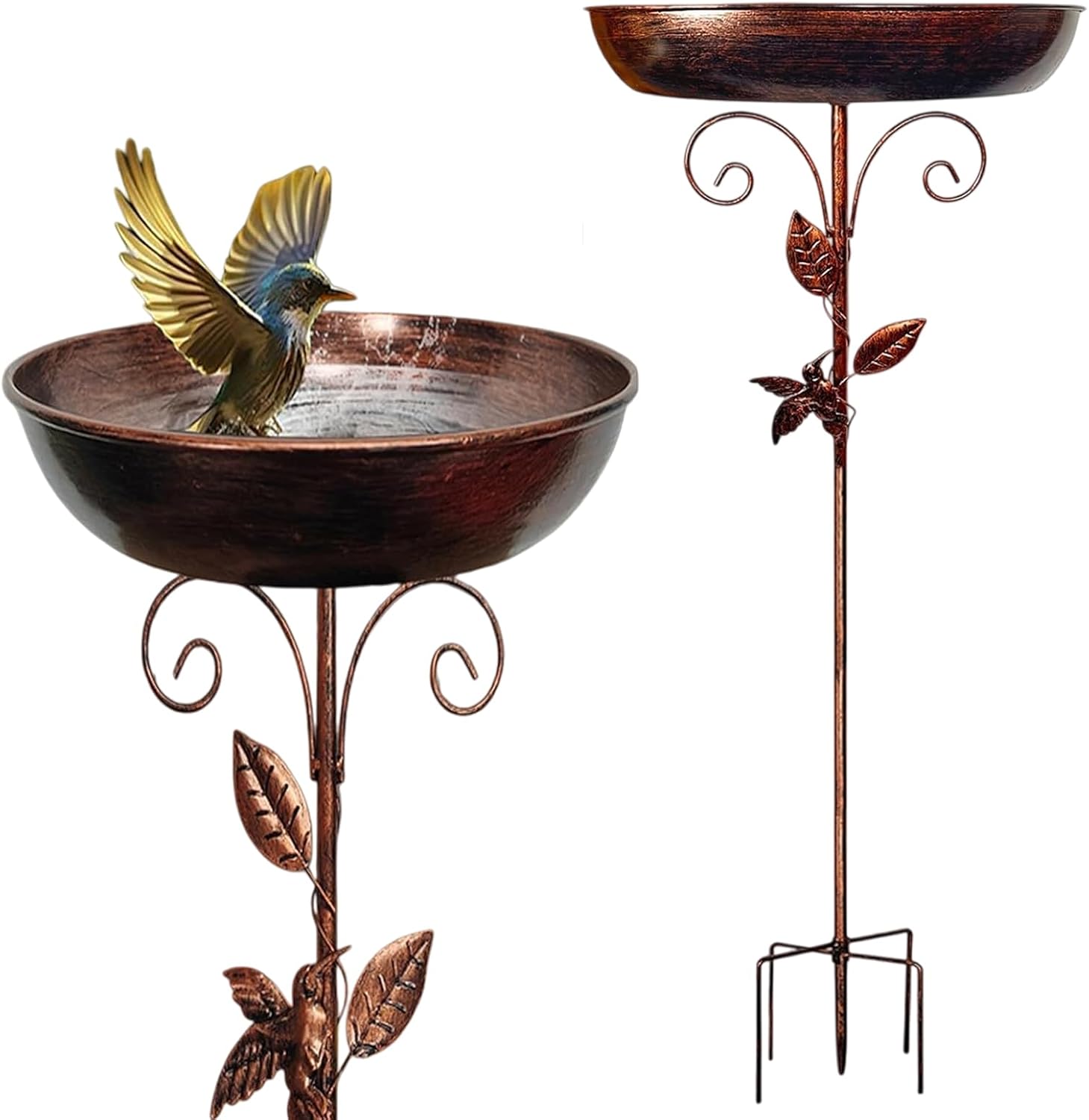 Halorin Bebedero para pájaros de pie, baño para pájaros para el jardín, bebedero para pájaros cuenco con pájaro y hoja, base mejorada de 5 puntas, cuenco metálico para pájaros para la terraza, patio