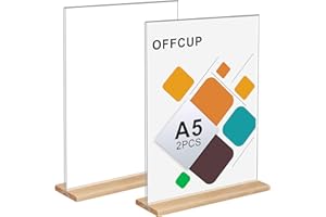 OFFCUP A5 Soporte de Menú, 2pcs Soporte para Letreros, T Expositor de Mesa, para Soporte Carteles Expositor Publicitario Soportes de Sobremesa para Carteles Soporte Sobremesa Acrílico -Base de Madera