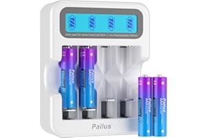 PALLUS AAA Rechargeable Lithium Batteries, 1100mWh High Capacity, 1.5V Triple A Rechargeable Battery with LCD Type-C Charger, 1200 Cycles, for Remote Controls, Radios, Wall Clocks (4 Pack)