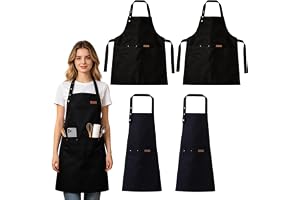BORDEAG 4 stycken matlagningsförkläde justerbart, 66 × 88 cm matlagningsförkläde, köksförkläde med fickor, kök unisex förkläde för kök, trädgårdsarbete, restaurang, kafé, grill, svart, oxfordtyg