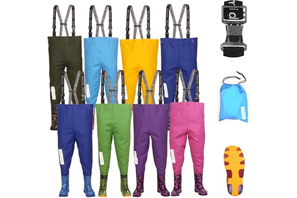 3Kamido Enfant Cuissardes de pêche Jeunesse - 10 modèles, Taille Ajustable, Bretelles durables, Boucle FixLock Nexus, Enfants Waders, Bottes de pêche, Poitrine échassiers, 20-35 EU