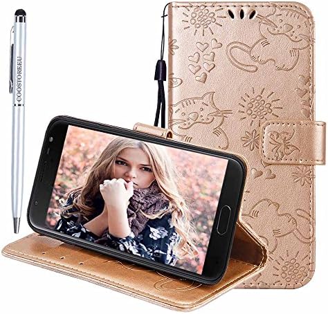 COOSTOREEU Galaxy S9 Plus Case, Cute Cat and Butterfly Embossing Premium PU Leather Kickstand Card Slot Magnetic Closure Flip Wallet Case,Gold