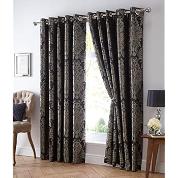 De Cama Eyelet Ring Top Lined Curtains Charcoal Gold Jacquard