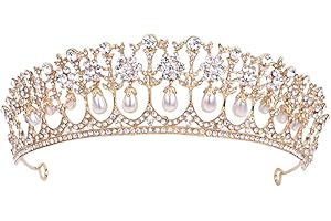 Minkissy Vintage Crystal Tiara Baroque Bridal Tiara Crown Rhinestone Headband Pearl Princess Headwear Headdress for Birthday Pageant Wedding Party (Golden)