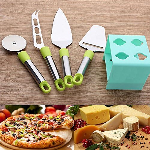 KAZE Stainless Steel Pizza Cutter Set &amp; Stand – Set of 4 Pizza Cutter, Cheese Slicer, Cheese Knife, Cake Server, Grass Green/Mint