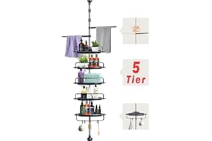 Dazhtu Telescópica Estantería Ducha Esquina Estante Ducha sin Taladro Estantería Baño Acero Inoxidable Regulable en Altura 100-310 cm con 5 Cestas 2 Toallero y 5 Ganchos para Bañera y Baño