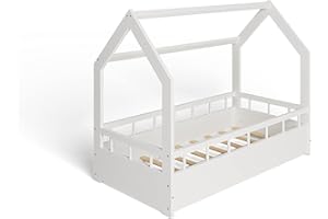 MS FACTORY Lit Enfant Bébé Maison 70x140 cm - Lit en Massif Cabane avec Protection Anti-retombée, Barrière Sécurité - Style Scandinave Montessori - Blanc Barrières