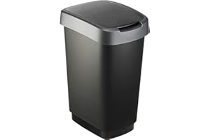 Rotho Twist Mülleimer 25l mit Deckel, Kunststoff (PP) BPA-frei, schwarz/silber, 25l (33.3 x 25.2 x 47.6 cm)