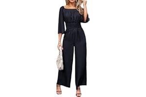 CUPSHE Damen Jumpsuit Quadratischer Ausschnitt 3/4 Ärmel Overall Weites Bein Strampler Gesmokte Taille Playsuit Sommer Hosenanzug