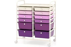 TANGZON 12 Drawers Mobile Storage Trolley, Multipurpose Rolling Cart with Lockable Wheels, Utility Trolley Unit for Home Office Organisation Stationery Beauty Salon (Gradient Purple)