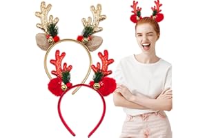 KUAOWT Cerchietti Natalizi, 2 Pezzi Cerchietto Natalizio Corna di Renna per Donna Uomini Adulti, Rosso Oro Copricapo Fasce per Capelli Natale per Festa di Capodanno Cabina Puntelli per Fotografica