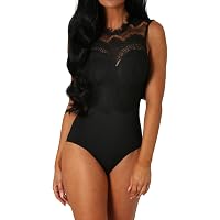 Damen Body Mit Spitze Kurzarm - Eleganter Bodysuit Club Party Rundhals Baumwolle Stretch