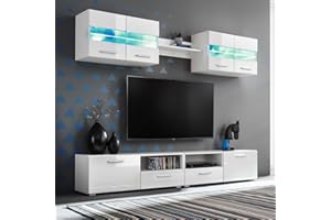 Hommdiy TV-Schrank,5-TLG.TV-Wohnwand-Set mit LED-Leuchten,Hochglanz-Wohnwand TV/Medien-Weiß/Schwarz (Weiß)