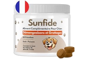 SUNFIDE - Démangeaisons - Complément Alimentaire pour Chien - Contre Les Démangeaisons, Léchages - Oméga 3 - Probiotiques pour Chien - Contre Les Allergies (1 Boîte (60 Friandises au Poisson))