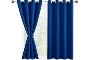 DWCN Lot de 2 Rideaux à Oeillets Décoration Chambre Fenetre, Rideaux Opaque Draperies Intérieurs avec Embrasses, 132x137 CM (Largeur x Hauteur), Bleu Roi