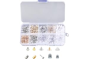MEMOFYND Lot de 530 boucles d'oreilles avec 10 boîtes de rangement, 10 types de boucles d'oreilles, arrière en silicone souple, bouchons papillons, boules argentées et dorées