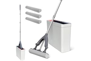 Masthome Sponge Mop and Buckets Sets, Floor Mops with 3pcs Super High Absorption Sponge Heads,Lazy Squeeze Mop Bucket with 135cm Extendable Handle for Laminate, Tile, Hardwood Floor Cleaning