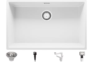 Fregadero bajo Encimera 76 x 47 cm, Fregadero Granito Un Seno + Sifón Automático, Fregadero Cocina London 80 de Primagran, Blanco