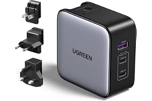 UGREEN 65W Universal Travel Adapter Type C Charger with US/UK/EU Plug, 3-Port Nexode GaN USB-C Wall Fast Charge Compatible for MacBook Air, HP, Dell, Lenovo,iPhone 17 Pro Max,iPad, Galaxy Tab