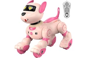 anysun Perro Robot, Juguete de Perro Robot Recargable, Juguete Programable con Función de Seguimiento, Comandos de Voz, Control Remoto y Sensor Táctil, Regalo Ideal de Navidad para Niños (Rosa)