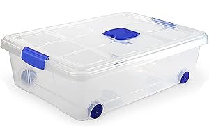 KINGNET Cajas Almacenaje Plástico con Tapa y Cierre a Presión, Cajas Oranizadoras Transparente, Perfecta para Almacenar Ropa, Juguete, Libro y Productos de hogar (Nº6-31Litros, Unidad)