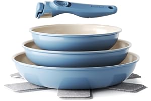 Redchef Set di Padelle con Manico Rimovibile, Padella in Ceramica con Antiaderente in Granito, Adatto All’Induzione, Padella 20, 24, 28 cm, Salvaspazio, Senza Ptfe & Pfoa & Pfas, Blu