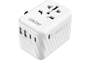 LENCENT Adaptador Enchufe Universal para Viaje, Cargador Internacional con 3 Puertos USB-C de 5,6A y 2 USB-A, Adaptador Enchufe Europeo para Móvil, Tableta, Portátil, EU/USA/UK/AU, Blanco
