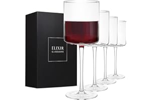 ELIXIR GLASSWARE Square Red Wine Glasses Set of 4 - Hand Blown Edge Wine Glasses - Modern Flat Bottom Wine Glasses - Unique Large Wine Glasses with Stem For Cabernet, Pinot Noir, Burgundy, Bordeaux - 17oz Clear