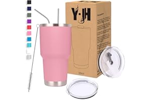 Y·J&H Y·JH 30oz (850ml) Bicchiere da viaggio Tazza da caffè a doppia parete isolata sottovuoto Tazza da caffè in acciaio inossidabile con 2 coperchi antispruzzo, 2 cannucce, senza BPA - Rosa
