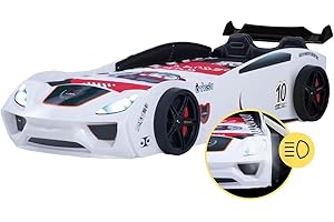 ‎COEMO Coemo Autobett Dream Racer Sport Weiß Kinderbett im Rennauto-Design mit Lattenrost 90x200 Kunstleder Sportsitze, Spoiler mit Aufkleber LED Beleuchtung Spielbett für Jungen und Mädchen