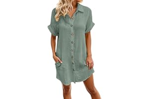 Lvnsdknerse Summer Muslin Dress Women's Short Sleeve Beach Dress Casual Dress V-Neck Casual Summer Dress Blouse Dress Plain Elegant Midi Dress Shirt Dress Light Loose Airy Shirt Dress S-3XL