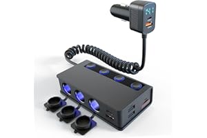 ‎ENISINA Enisina 180W Zigarettenanzünder Verteiler Adapter, USB C PD 30W Schnellladung, 3 Fach Stecker Ladekabel Splitter mit Spannungsanzeige, 4 USB-A & 3 Steckdosen für Auto/LKW/RV