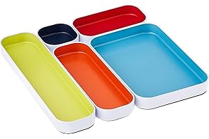 Three by Three Seattle 5 Piece Shallow Metal Organizer Tray Set for Storing Makeup, Stationery, Utensils, and More in Office Desk, Kitchen and Bathroom Drawers (1 Inch, Assorted Colors)